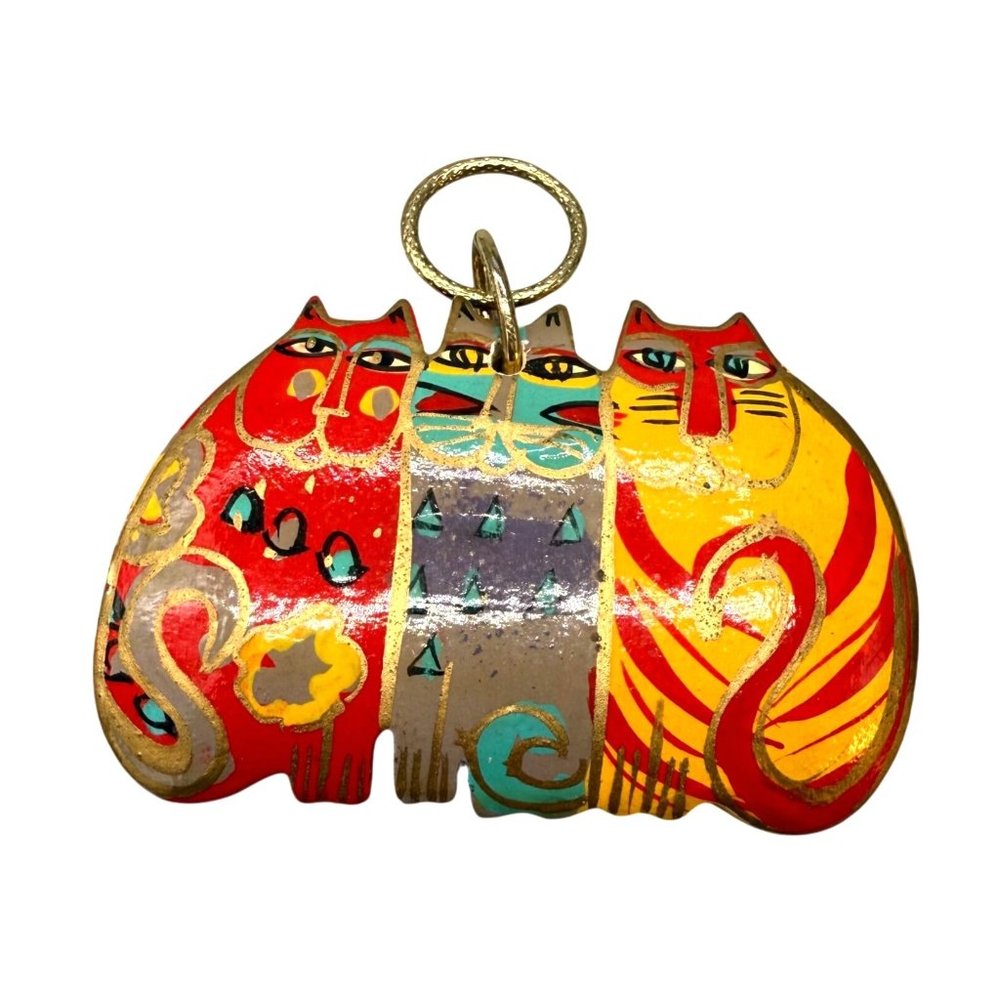 Laurel Burch Multicolor Enamel Wood Cats Trio Pendant Ornament Charm Hand Painte